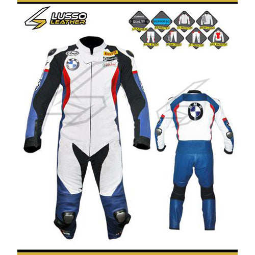 Custom One Piece White, Red and Blue BMW Motorcycle Suit
