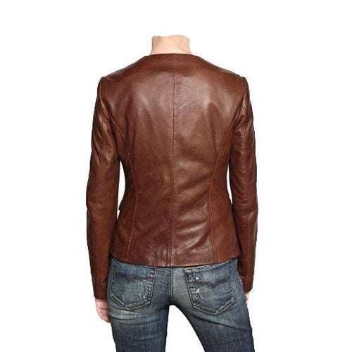 Women's Tan buttoned up leather jacket - Lusso Leather - 2
