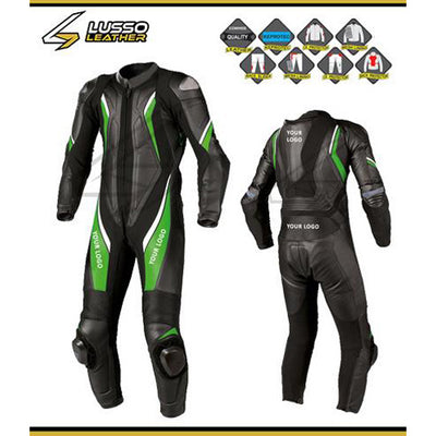 Protective Bogdan's green and white striped motorcycle leather Suit