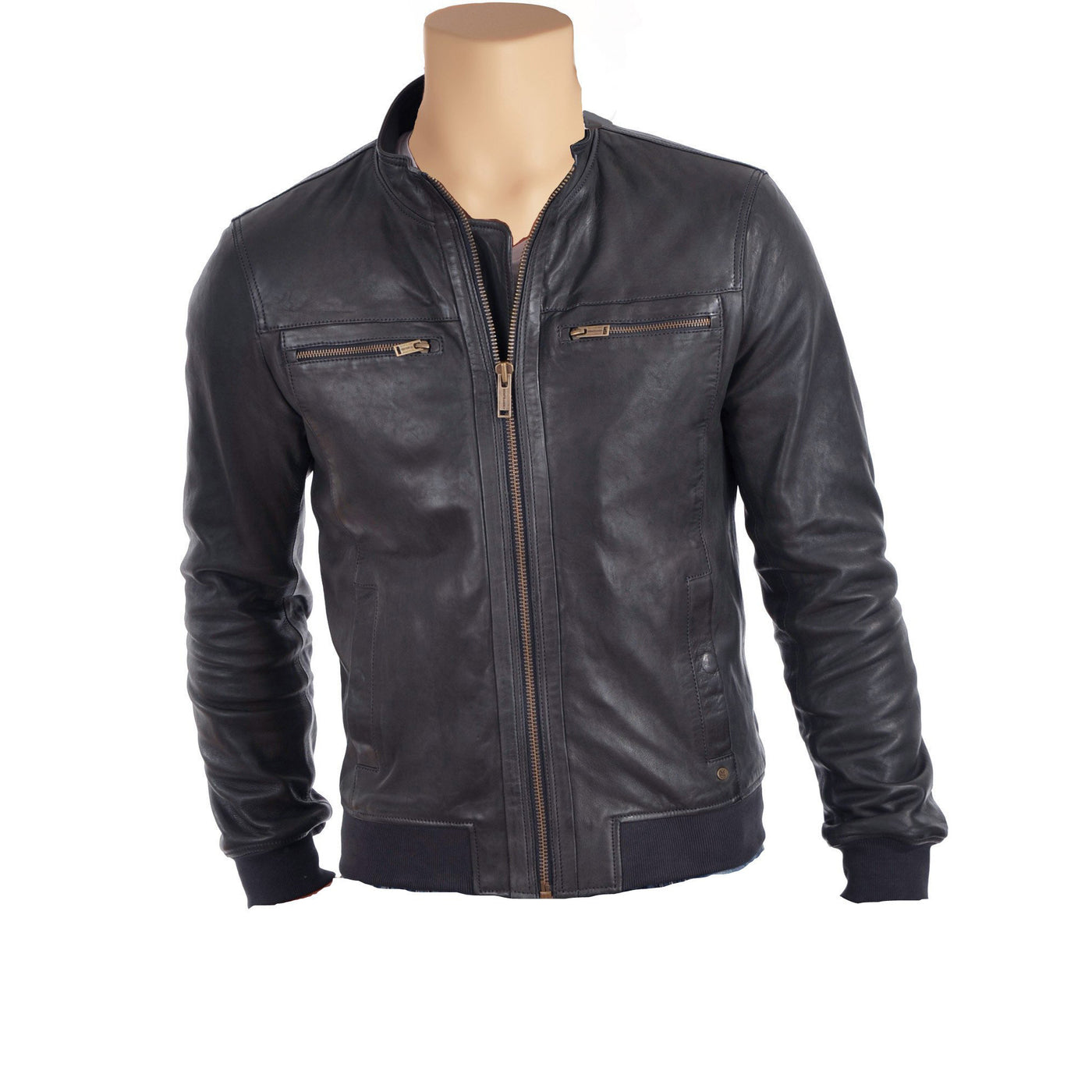 Grey leather jacket with ribbed cuffs and hem - Lusso Leather
