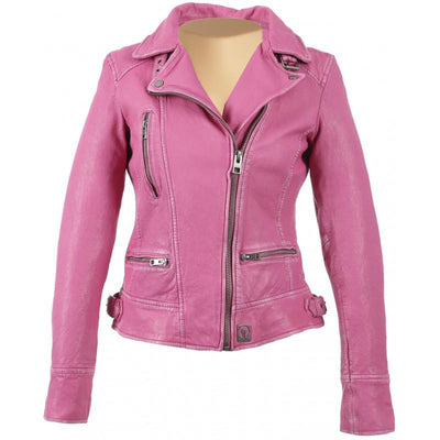 Stylish Anorah's fuschia leather biker jacket