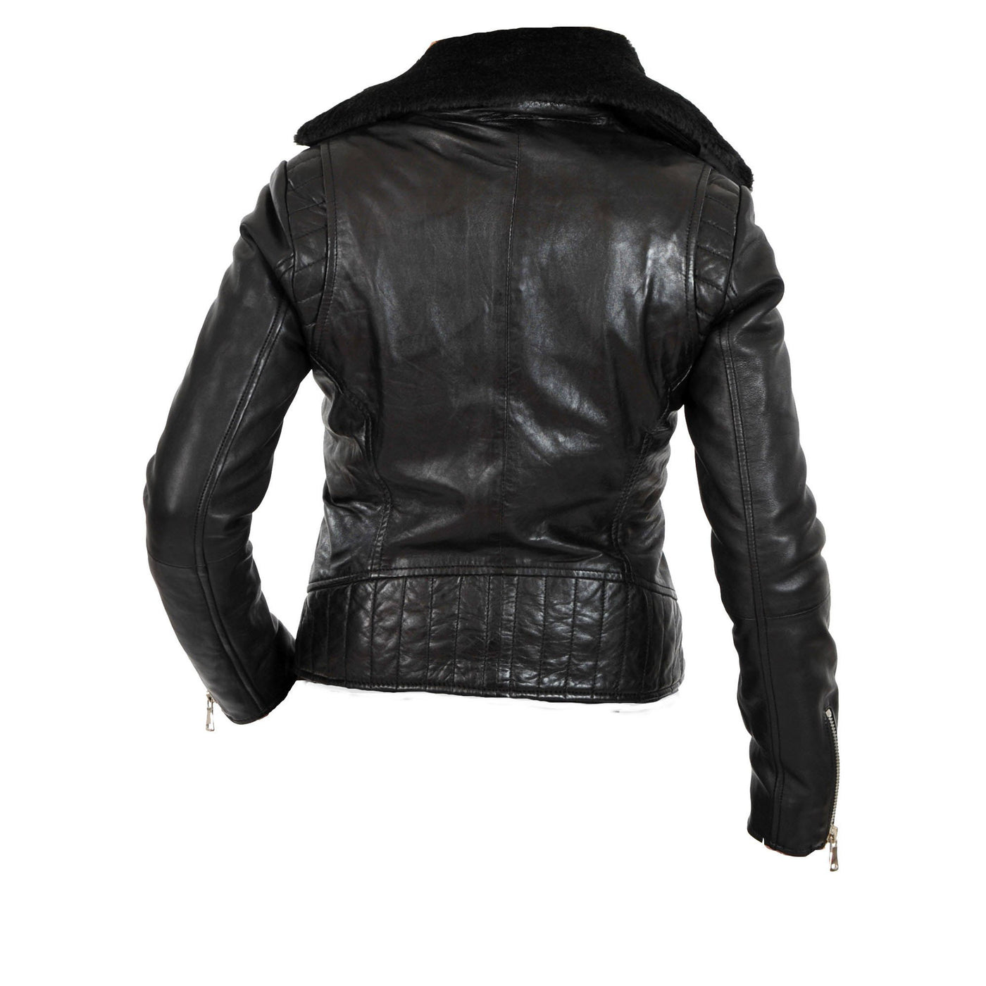 Women's biker style leather jacket with fur collars - Lusso Leather - 2