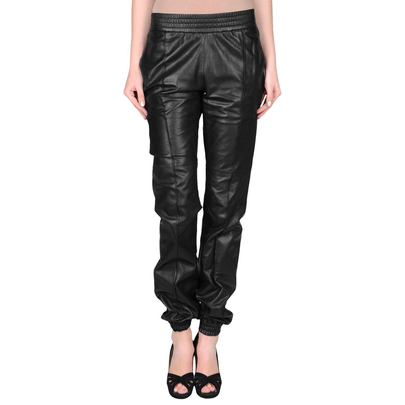 100% Real soft  Elastic Waist  Black leather pants 