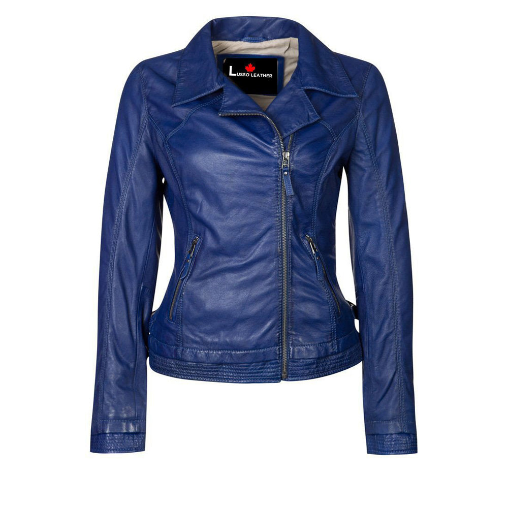 Women's blue biker leather jacket, America's Winter Jacket – Lusso Leather