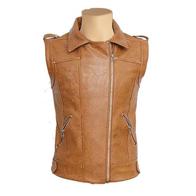 Tan brown leather vest with spread collars - Lusso Leather