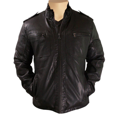 Black jacket with straight collar and shoulder epaulettes - Lusso Leather