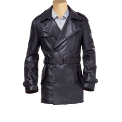 Black leather belted and double breasted trench coat