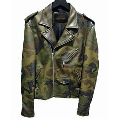 Classic Biker Camouflage military print leather jacket