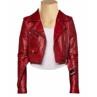 Fashionable Martyna's Biker Crop leather jacket with waist belt