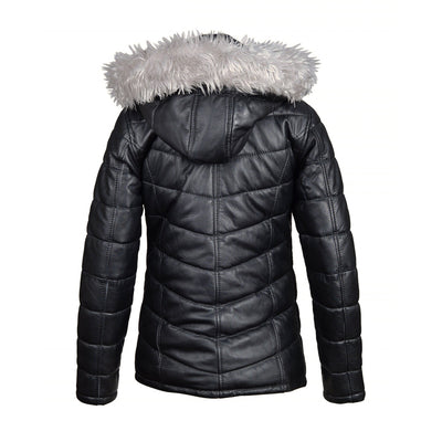 Cozy Winter Puffer Leather jacket with fur-trimmed hoodie