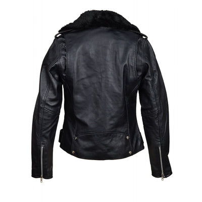 Fashionable Eira's fur-collared biker jacket
