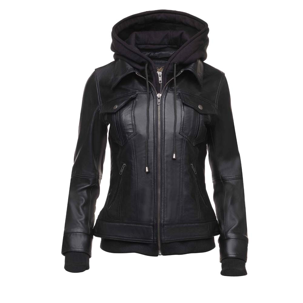 Daphne Black Leather Jacket With Fleece Hoodie