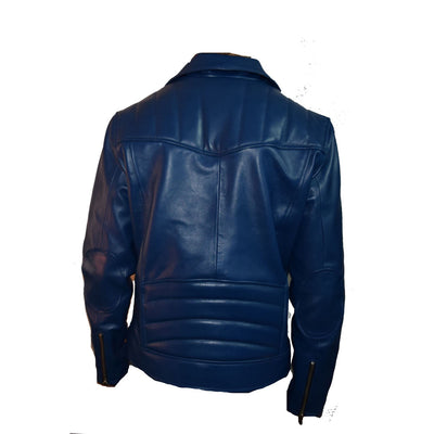 Plain blue biker style leather jacket - Lusso Leather - 2