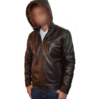 Plain dark brown leather jacket with hoodie - Lusso Leather - 2