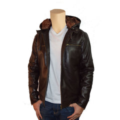 Plain dark brown leather jacket with hoodie
