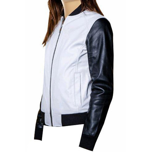 Women Enyas black and white collarless leather jacket 