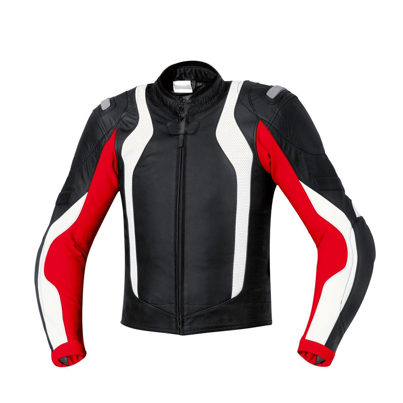 Motorcycle armor protection jacket in black, red, and white