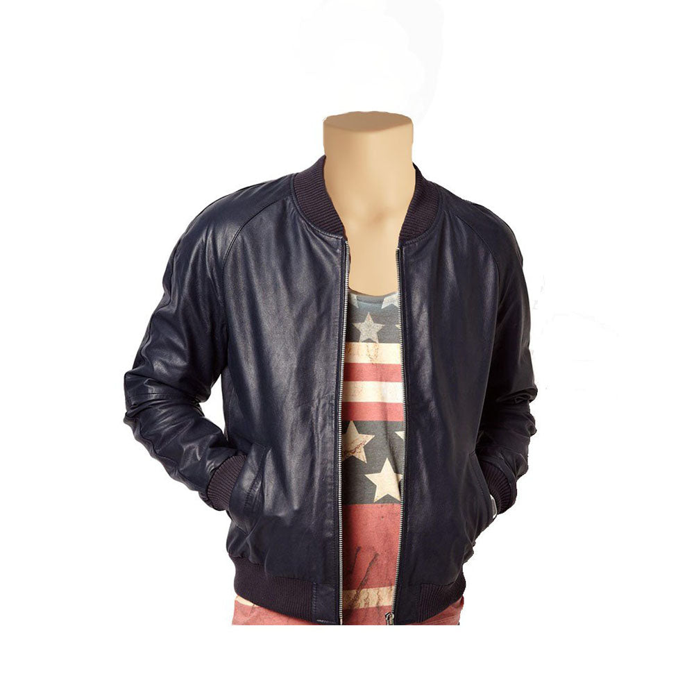 Navy blue bomber style leather jacket - Lusso Leather - 1