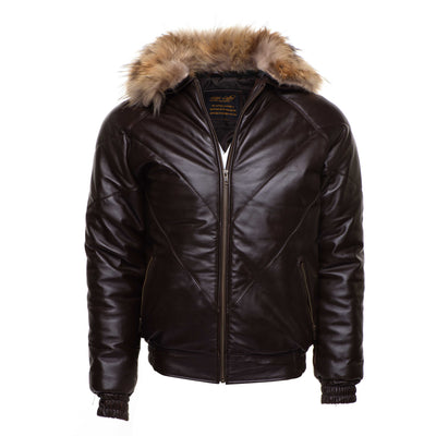 Soft Brown Puffer Leather Winter Jacket with Fur Collar