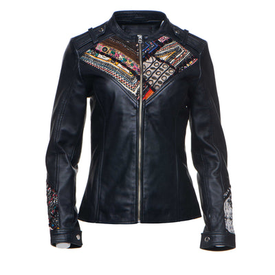 Fashionable Delilah's tribal Hand Embroidered chic leather jacket