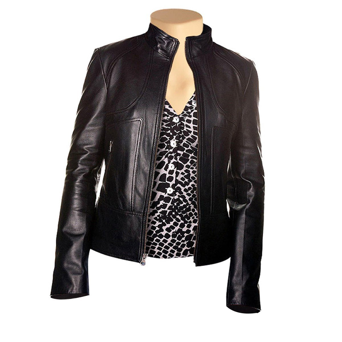 Fashionable Maria's Front-Zip Black Leather Jacket