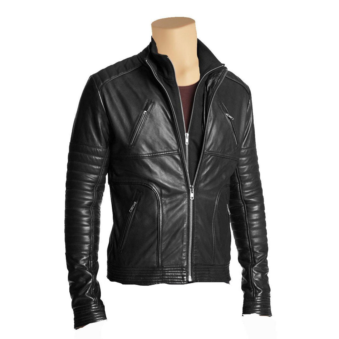 Men's leather jacket with straight zip up collar