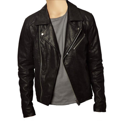 Plain black biker style jacket - Lusso Leather - 1