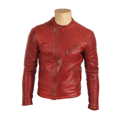 Red moto style jacket with stitching pattern - Lusso Leather - 1
