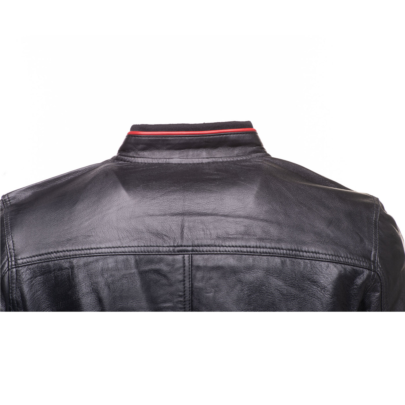 William black bomber leather jacket with red piping