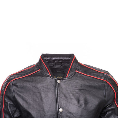 William black bomber leather jacket with red piping