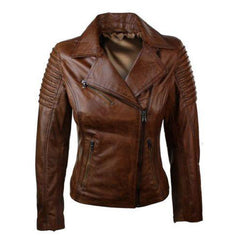 Women's distressed biker leather jacket with piping