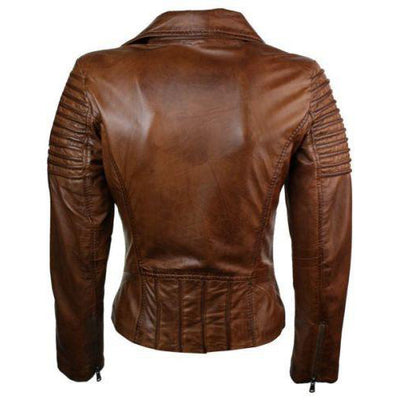 Women's distressed biker leather jacket with piping
