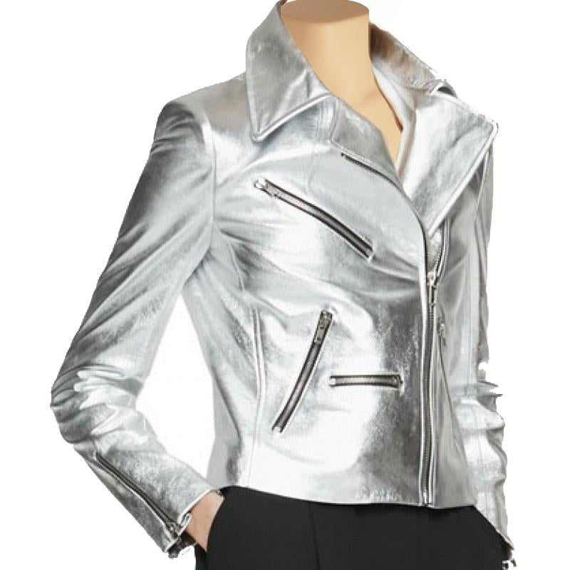 Women's metallic silver leather jacket - Lusso Leather - 1