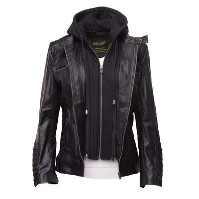 Leather jacket with piping in black for women