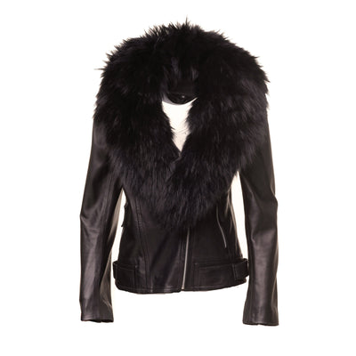 Large Black Fur Shawl on Women's Leather Jacket