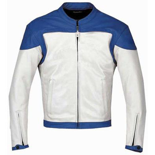 Blue and white motorcycle jacket with armor protection