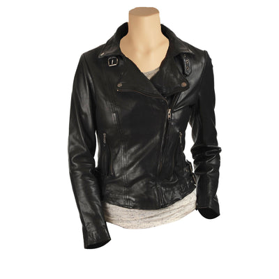 Women's biker style jacket with collar belt - Lusso Leather - 1