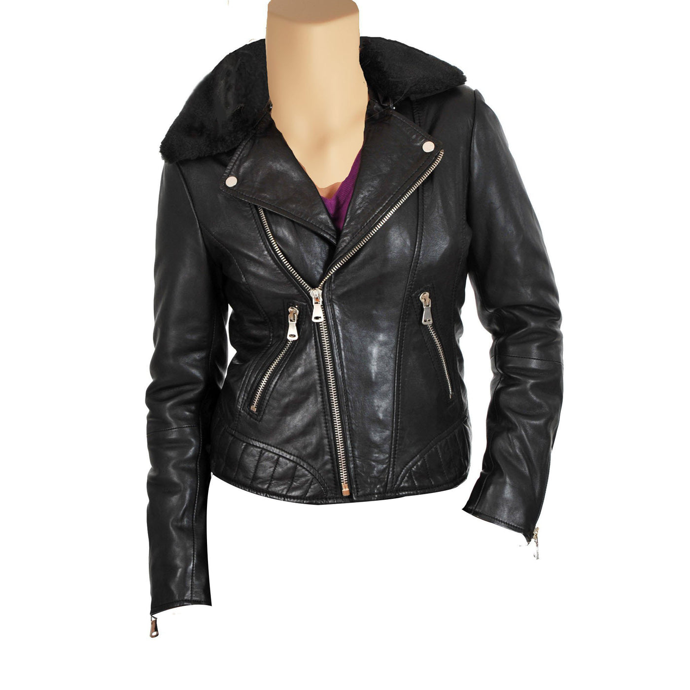 Women's biker style leather jacket with fur collars - Lusso Leather - 1