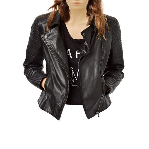 Women's black biker style leather jacket - Lusso Leather - 1