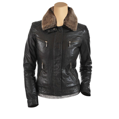 Women's black leather jacket with brown fur collar - Lusso Leather - 1