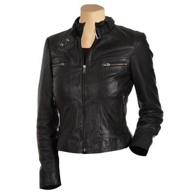 Women's black leather jacket with collar belt - Lusso Leather - 1
