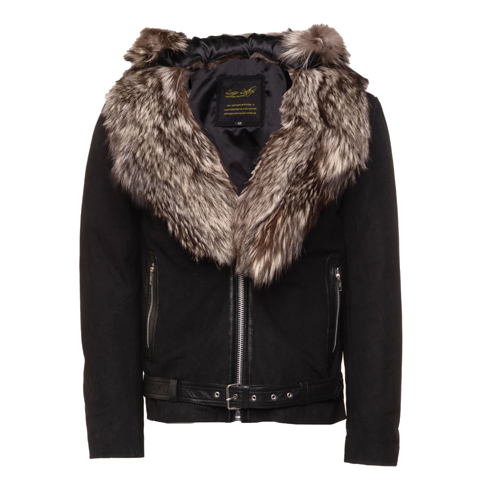 Allen Black Nubuck Leather Jacket with Hoodie and Real Fox Fur