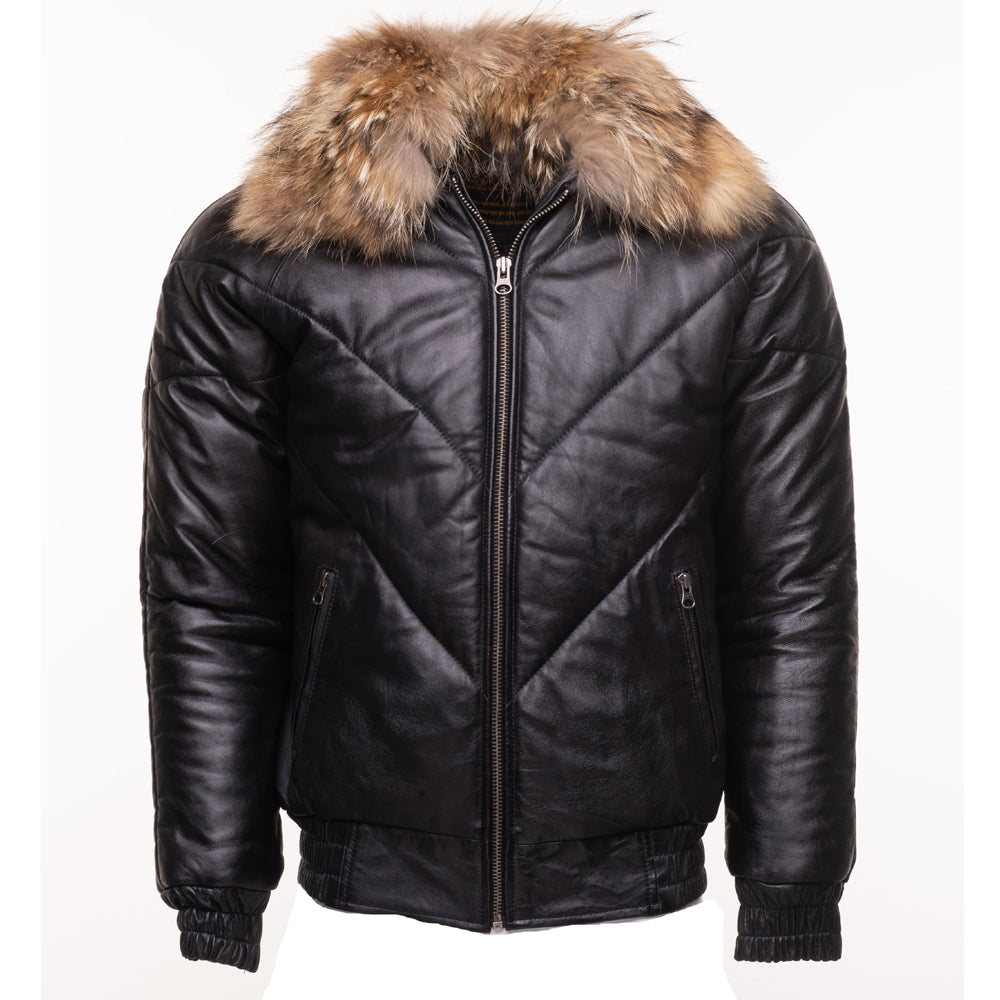 Black Puffer Leather Winter Jacket with Fur Collar