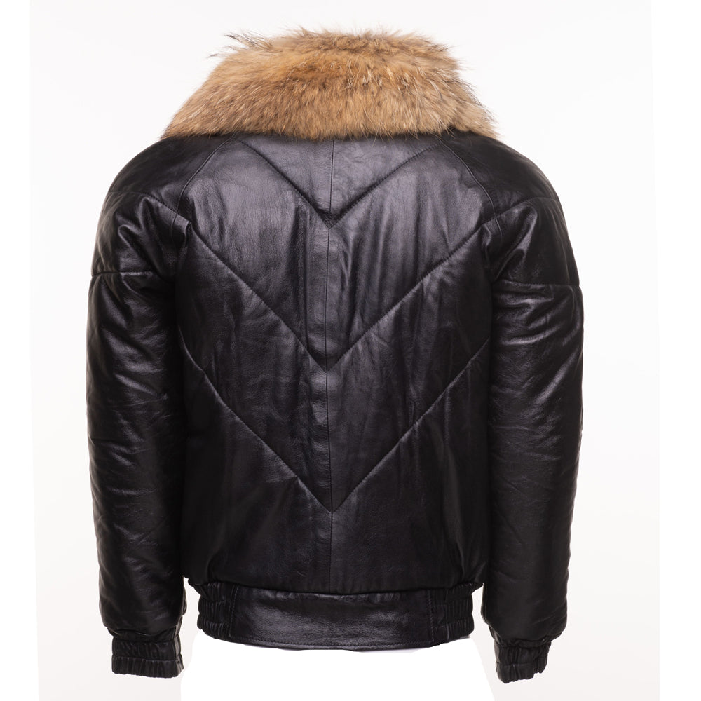 Black Puffer Leather Winter Jacket with Fur Collar
