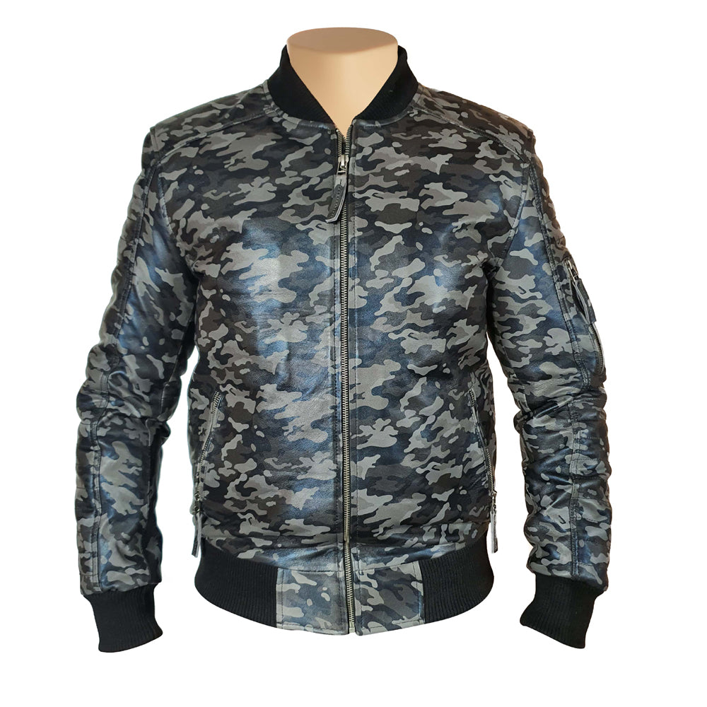 Camouflage leather jacket in bomber grey