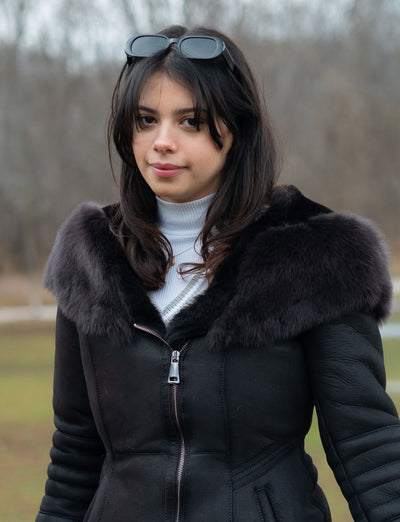 Ayva's brown shearling coat