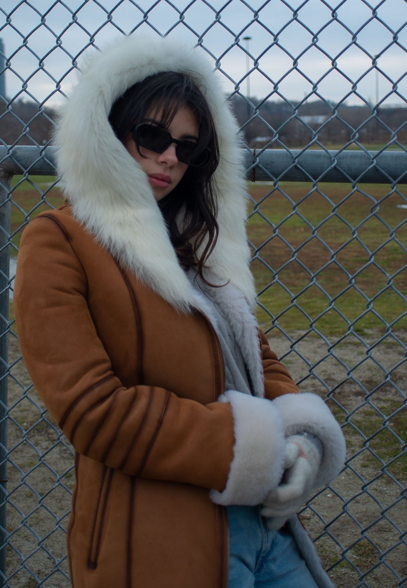Ayva's Tan Shearling coat with fox fur trim Hoodie