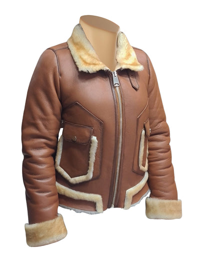 Brown Shearling Jacket with Cream Fur Trim
