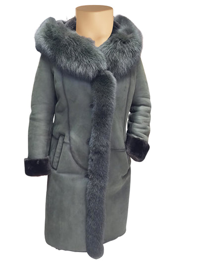 Pheobe's Grey Hooded Suede Shearling Jacket with Fox Fur