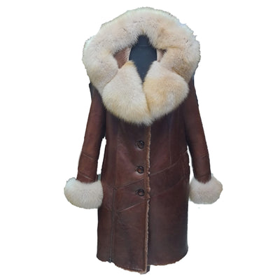 Burnett Brown Shearling coat with large fox fur hoodie and trim